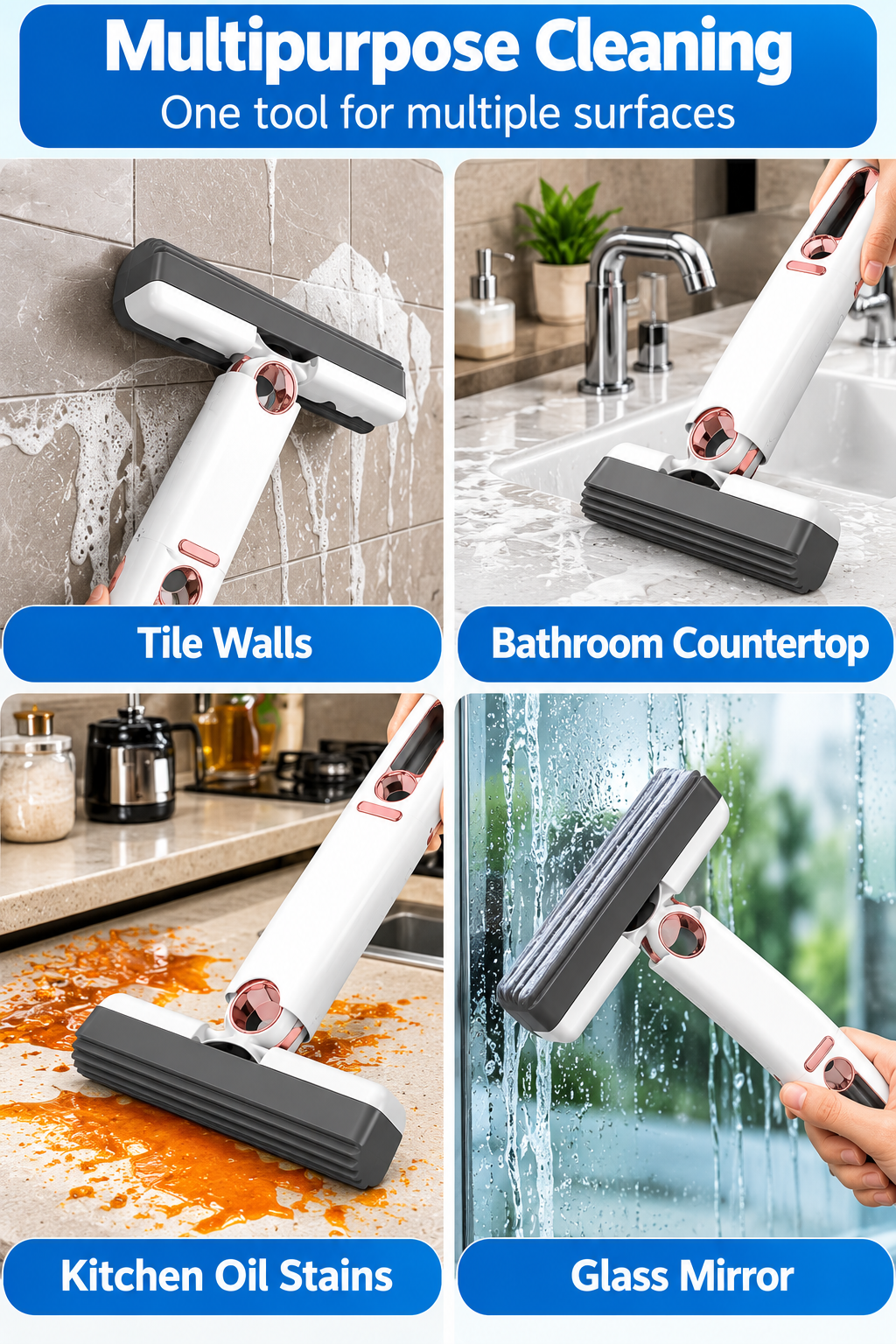 Mini Self-Squeeze Sponge Mop with 2 Sponge Heads – Kitchen, Glass & Car Cleaning