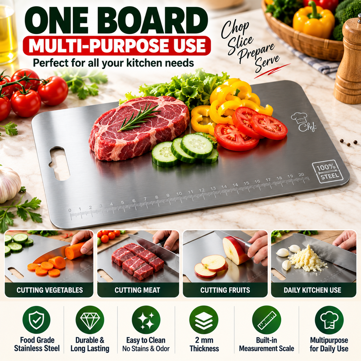 Large Stainless Steel Cutting Board with Measurement Scale – 31 × 20.5 cm