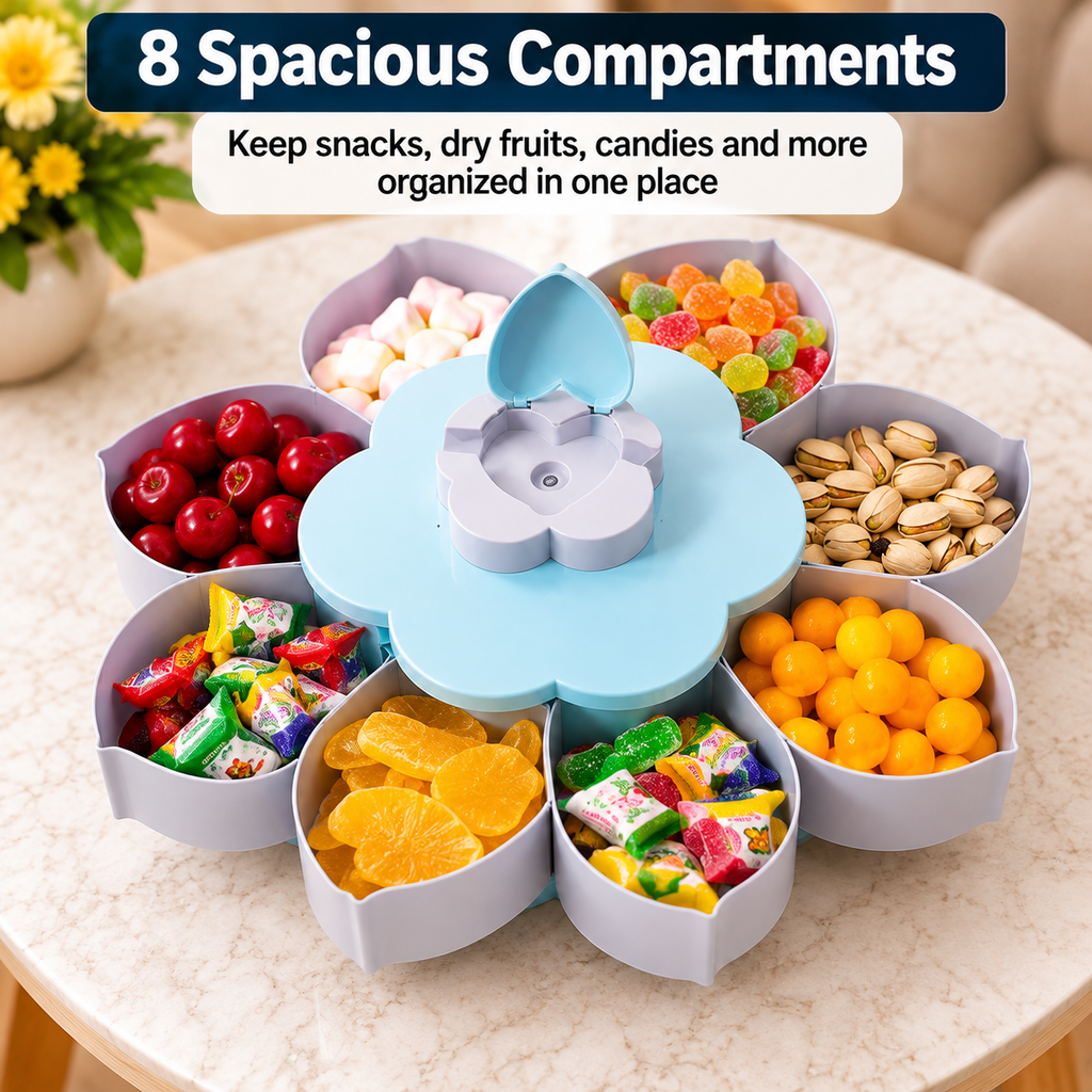 Rotating Flower Snack Serving Tray with Phone Holder – Multi-Section Candy & Dry Fruit Dish