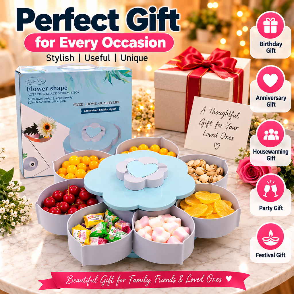 Rotating Flower Snack Serving Tray with Phone Holder – Multi-Section Candy & Dry Fruit Dish