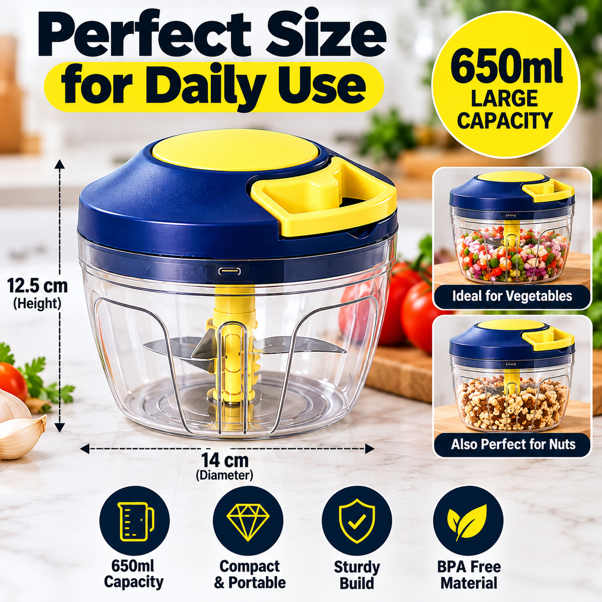 650ml Manual Vegetable Chopper with 4 Blades – Pull String Food Chopper
