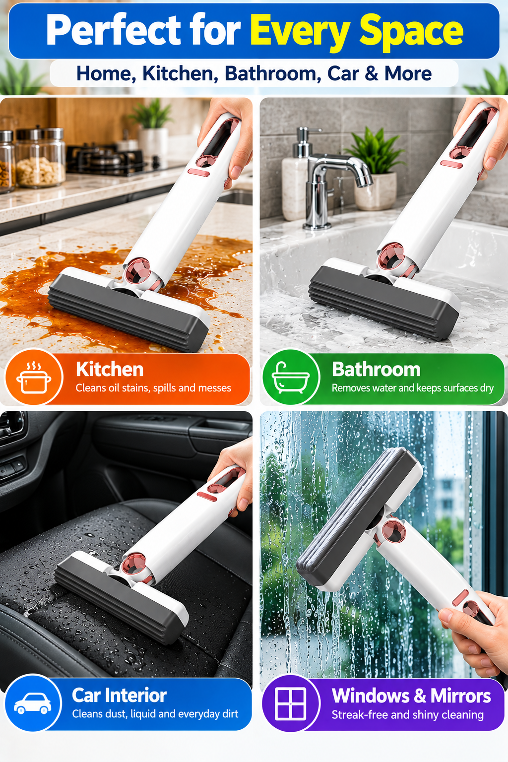 Mini Self-Squeeze Sponge Mop with 2 Sponge Heads – Kitchen, Glass & Car Cleaning