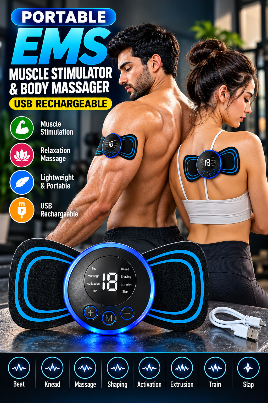 Portable EMS Muscle Stimulator & Body Massager – USB Rechargeable