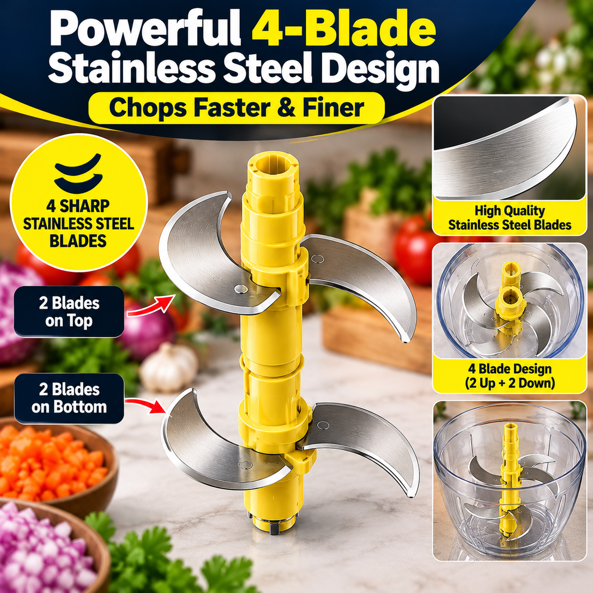 650ml Manual Vegetable Chopper with 4 Blades – Pull String Food Chopper