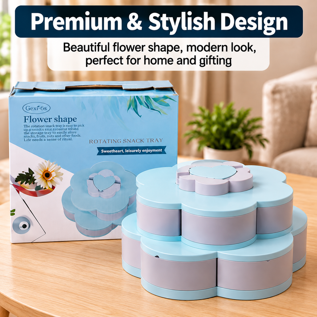 Rotating Flower Snack Serving Tray with Phone Holder – Multi-Section Candy & Dry Fruit Dish