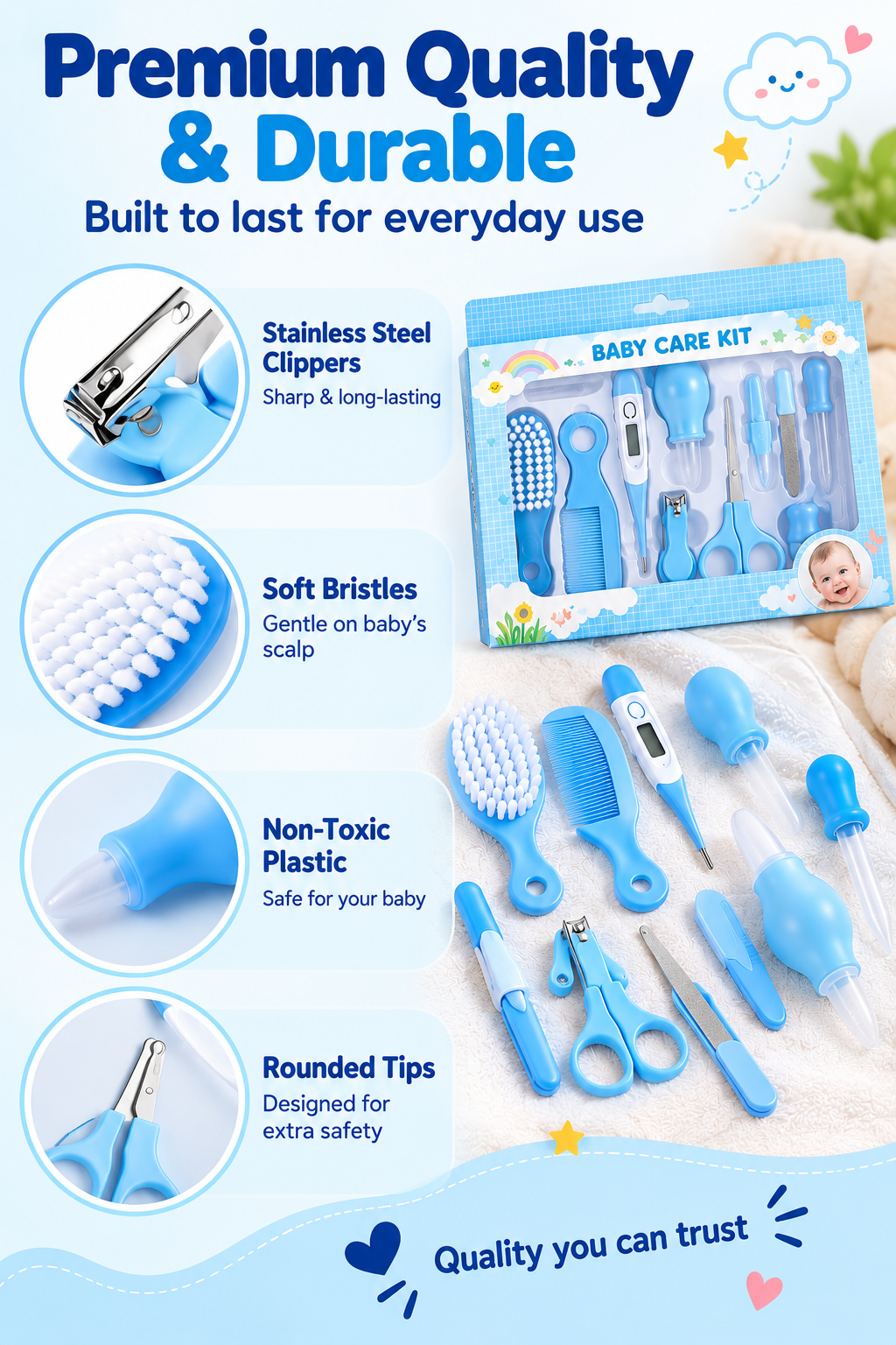 10-Piece Baby Care Grooming Kit – Nail Clipper, Scissors, Comb & Brush Set