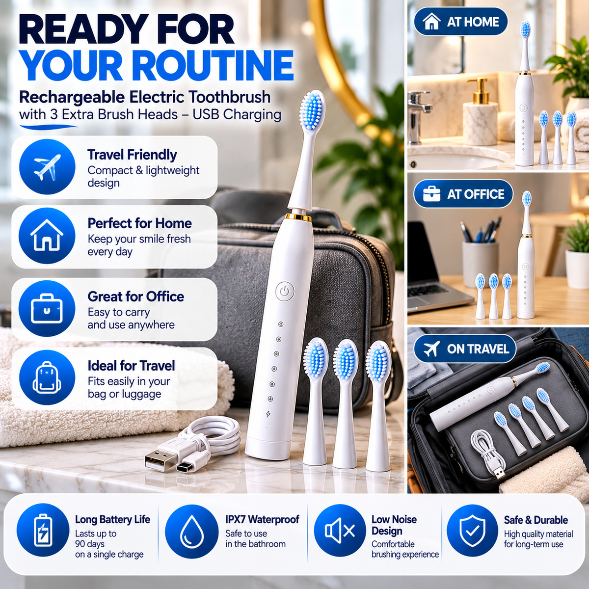 Rechargeable Electric Toothbrush with 3 Extra Brush Heads – USB Charging