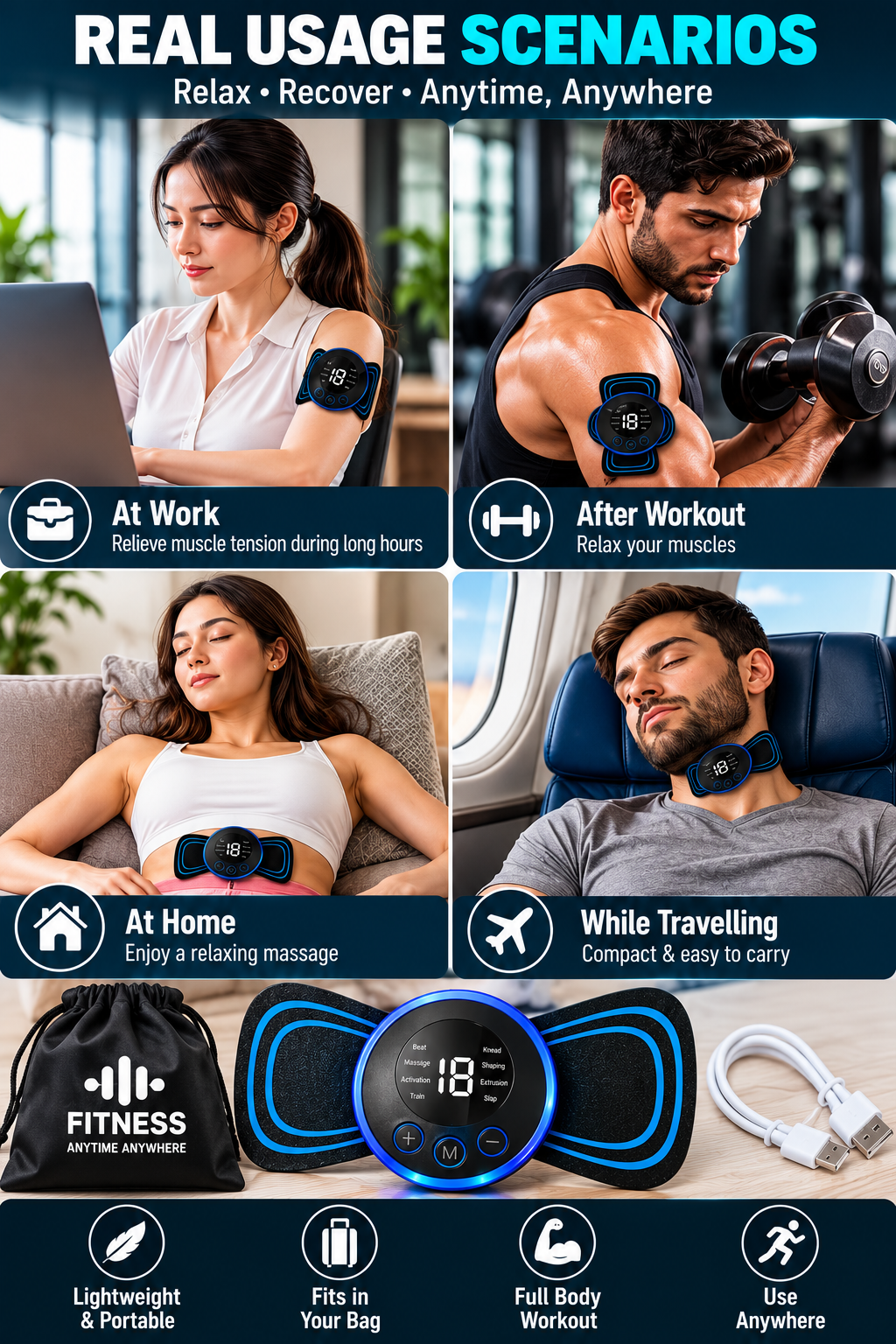 Portable EMS Muscle Stimulator & Body Massager – USB Rechargeable