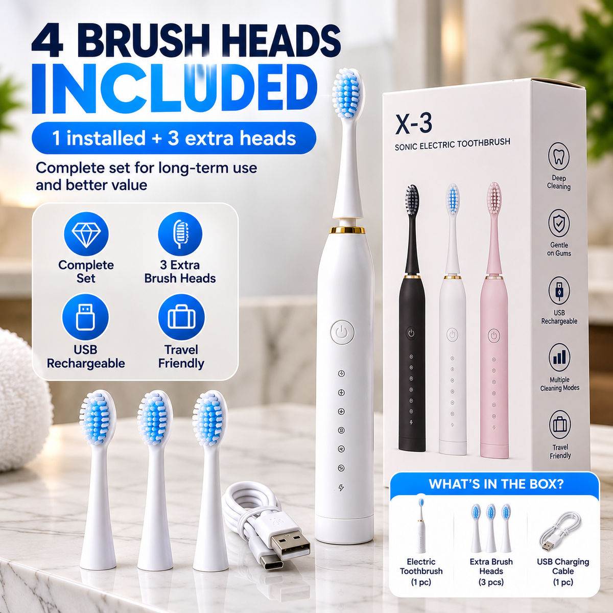 Rechargeable Electric Toothbrush with 3 Extra Brush Heads – USB Charging