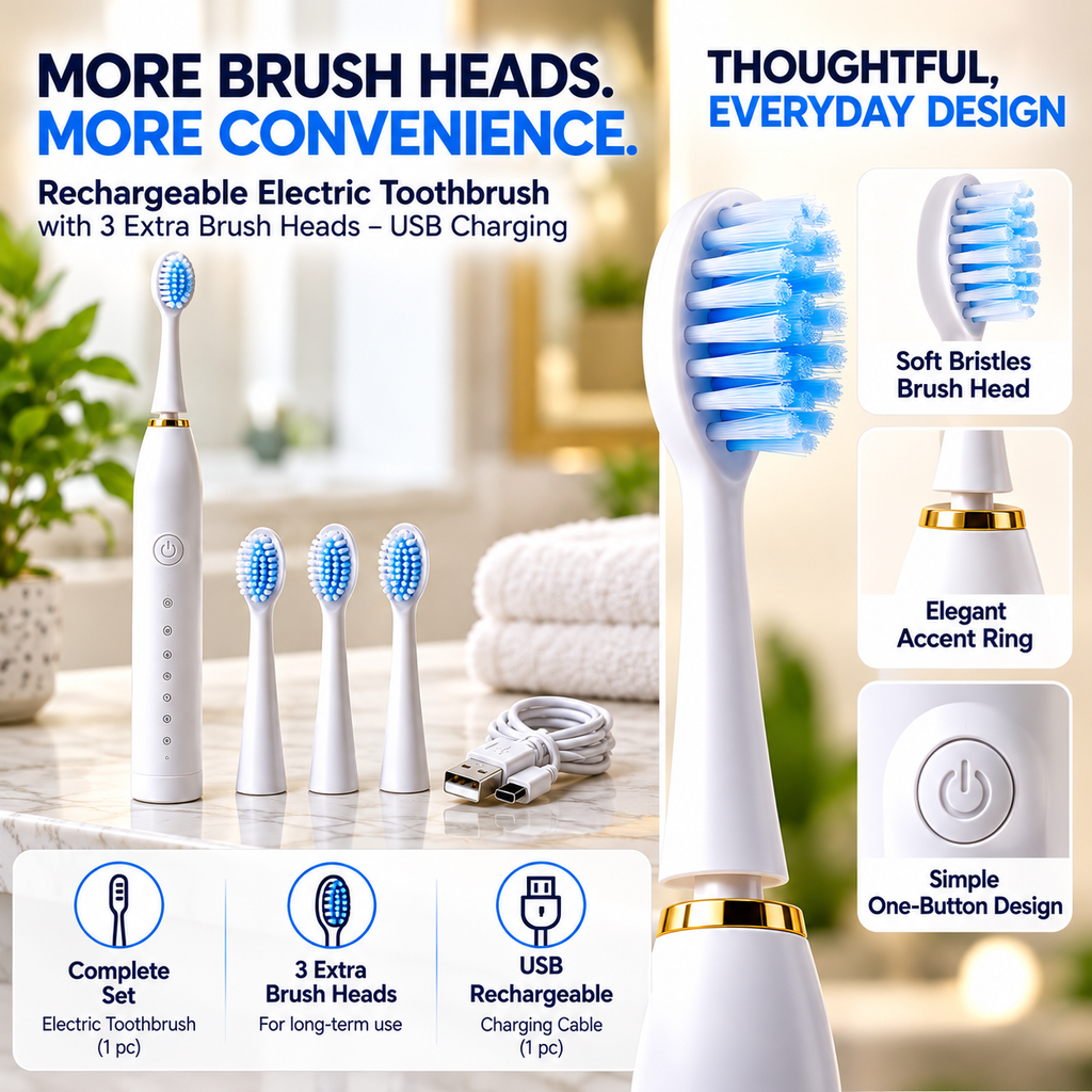 Rechargeable Electric Toothbrush with 3 Extra Brush Heads – USB Charging