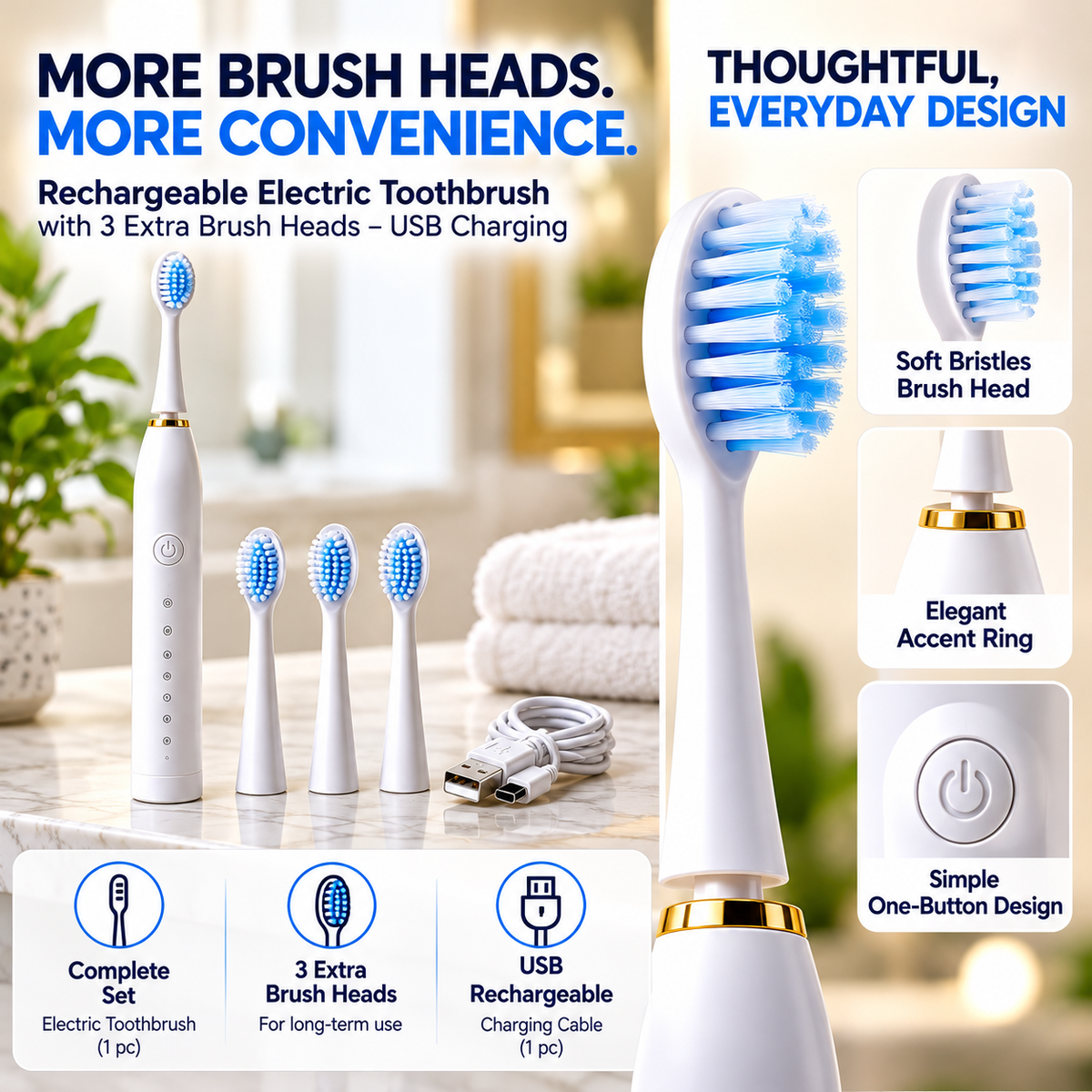 Rechargeable Electric Toothbrush with 3 Extra Brush Heads – USB Charging