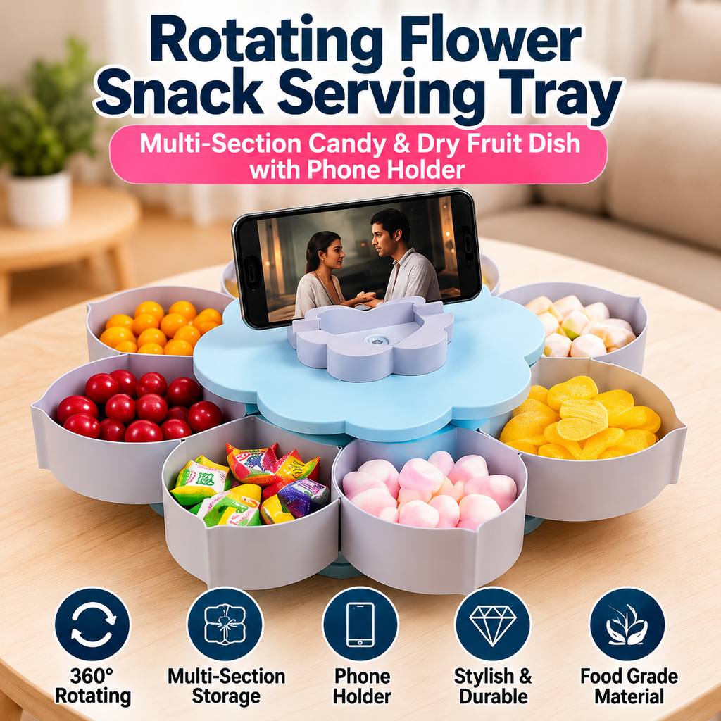 Rotating Flower Snack Serving Tray with Phone Holder – Multi-Section Candy & Dry Fruit Dish