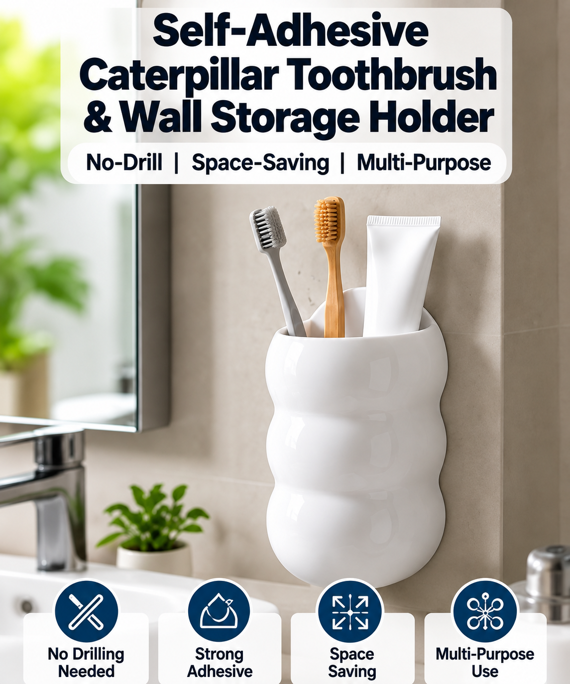 Self-Adhesive Caterpillar Toothbrush & Wall Storage Holder – No-Drill Organizer