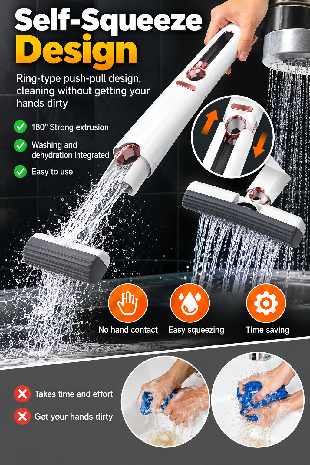 Mini Self-Squeeze Sponge Mop with 2 Sponge Heads – Kitchen, Glass & Car Cleaning
