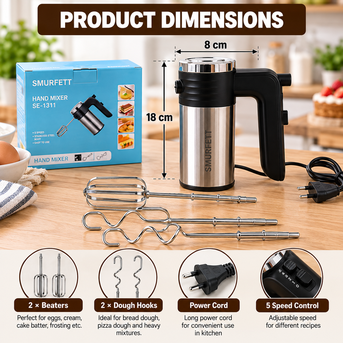 500W Electric Hand Mixer with Beaters & Dough Hooks – Cake & Baking Mixer