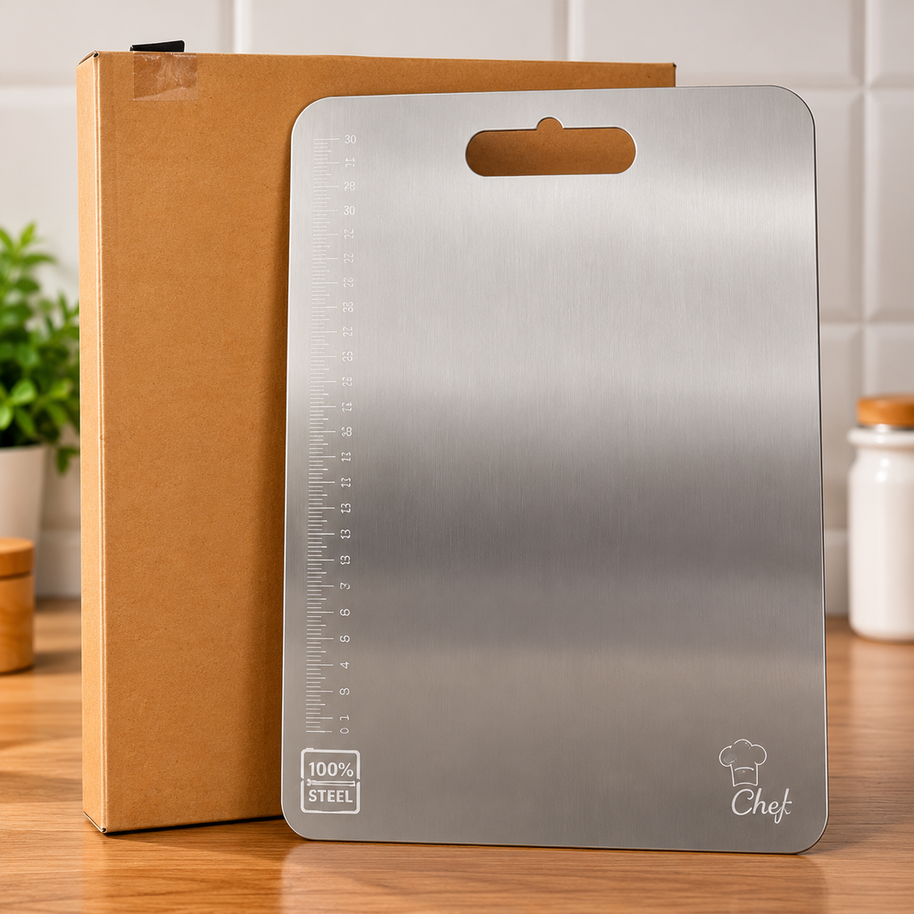 Large Stainless Steel Cutting Board with Measurement Scale – 31 × 20.5 cm