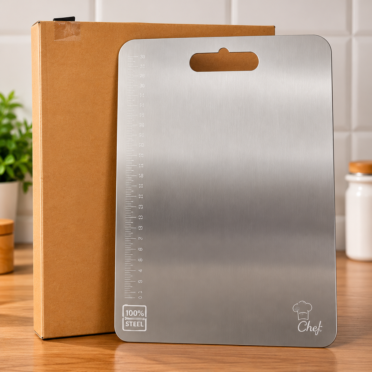Large Stainless Steel Cutting Board with Measurement Scale – 31 × 20.5 cm