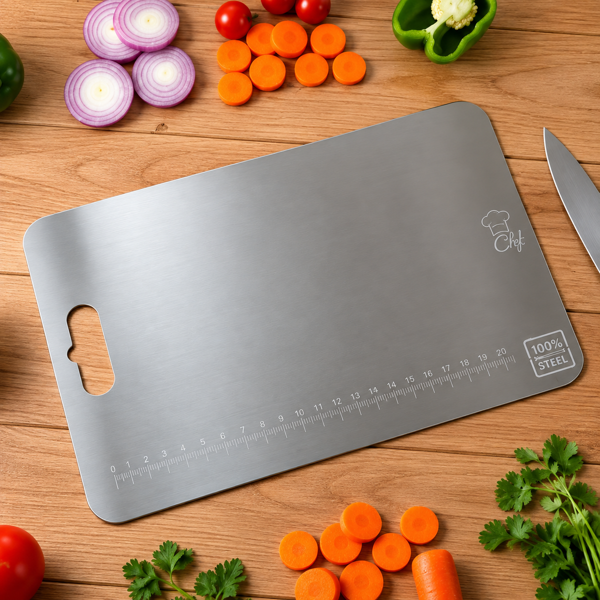 Large Stainless Steel Cutting Board with Measurement Scale – 31 × 20.5 cm