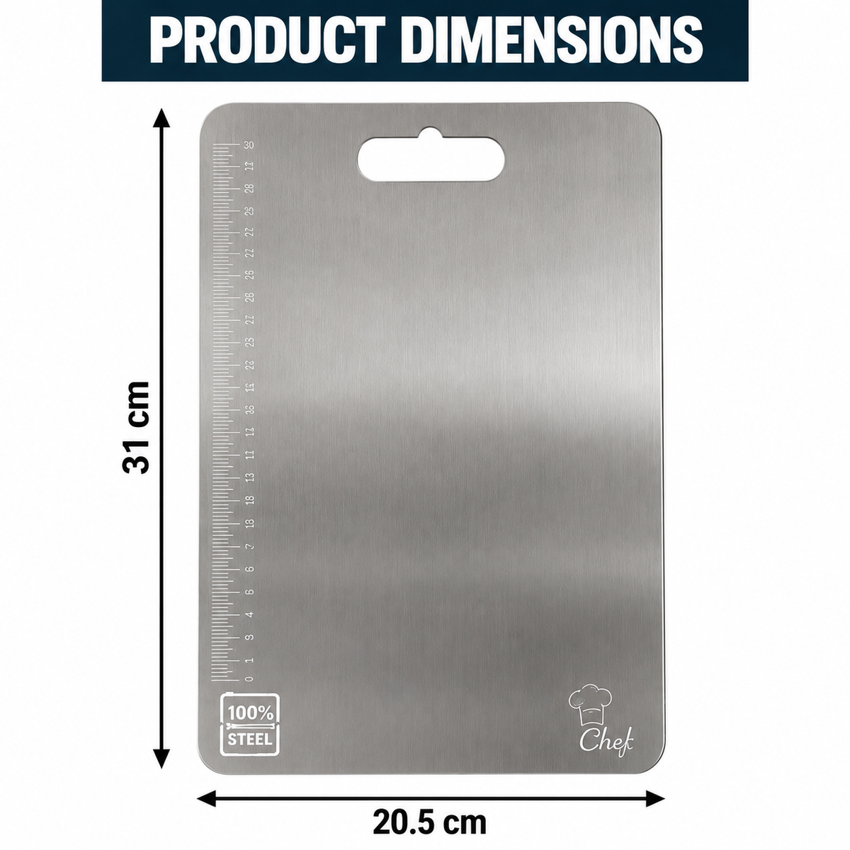 Large Stainless Steel Cutting Board with Measurement Scale – 31 × 20.5 cm
