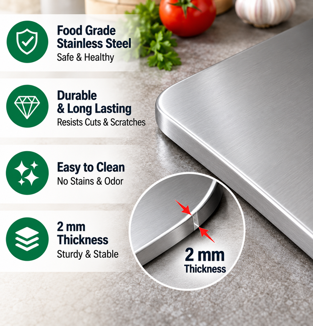 Large Stainless Steel Cutting Board with Measurement Scale – 31 × 20.5 cm