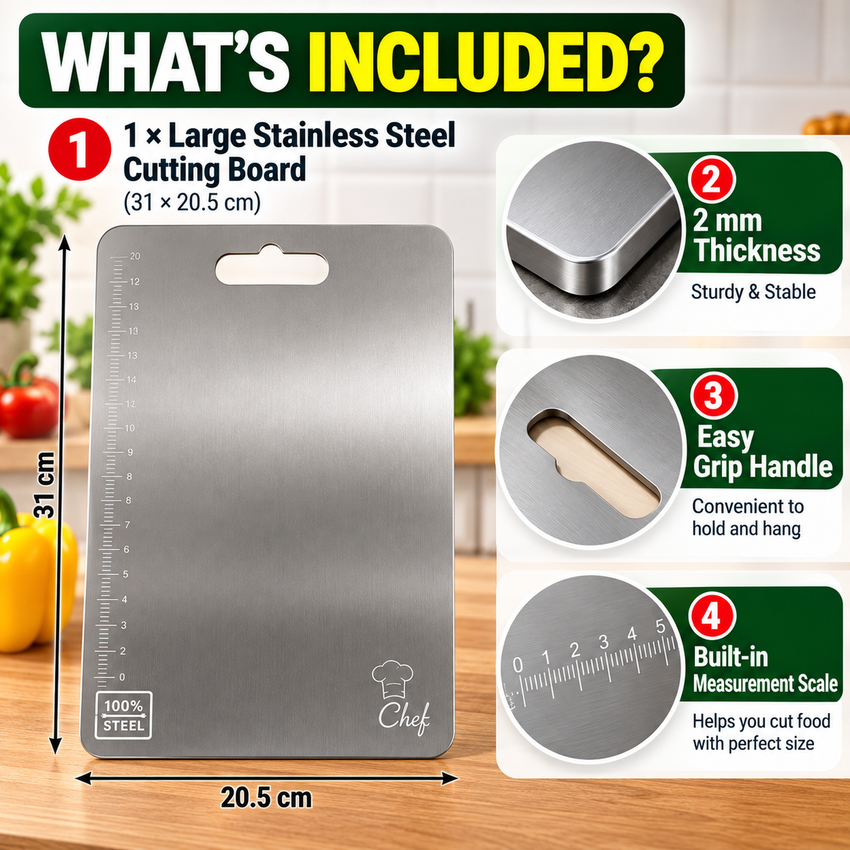 Large Stainless Steel Cutting Board with Measurement Scale – 31 × 20.5 cm