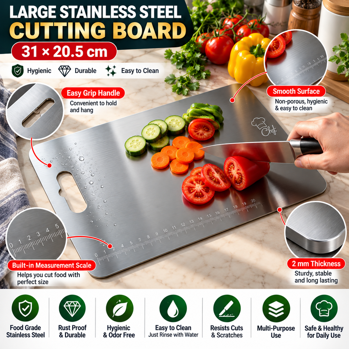 Large Stainless Steel Cutting Board with Measurement Scale – 31 × 20.5 cm