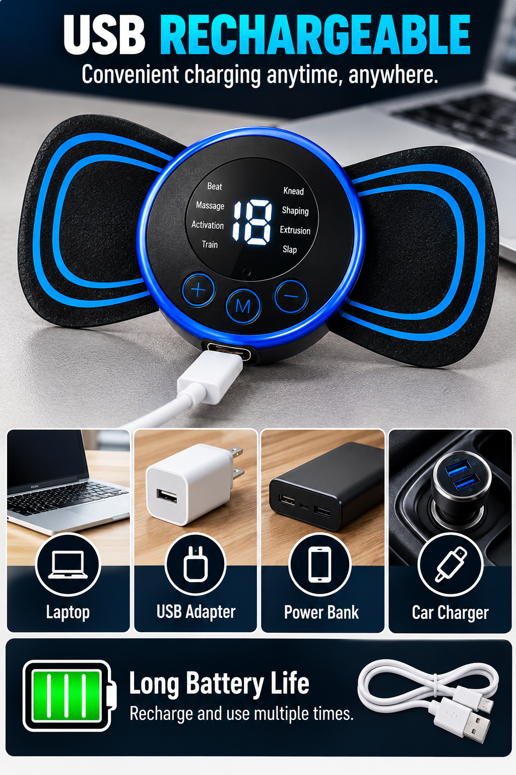 Portable EMS Muscle Stimulator & Body Massager – USB Rechargeable