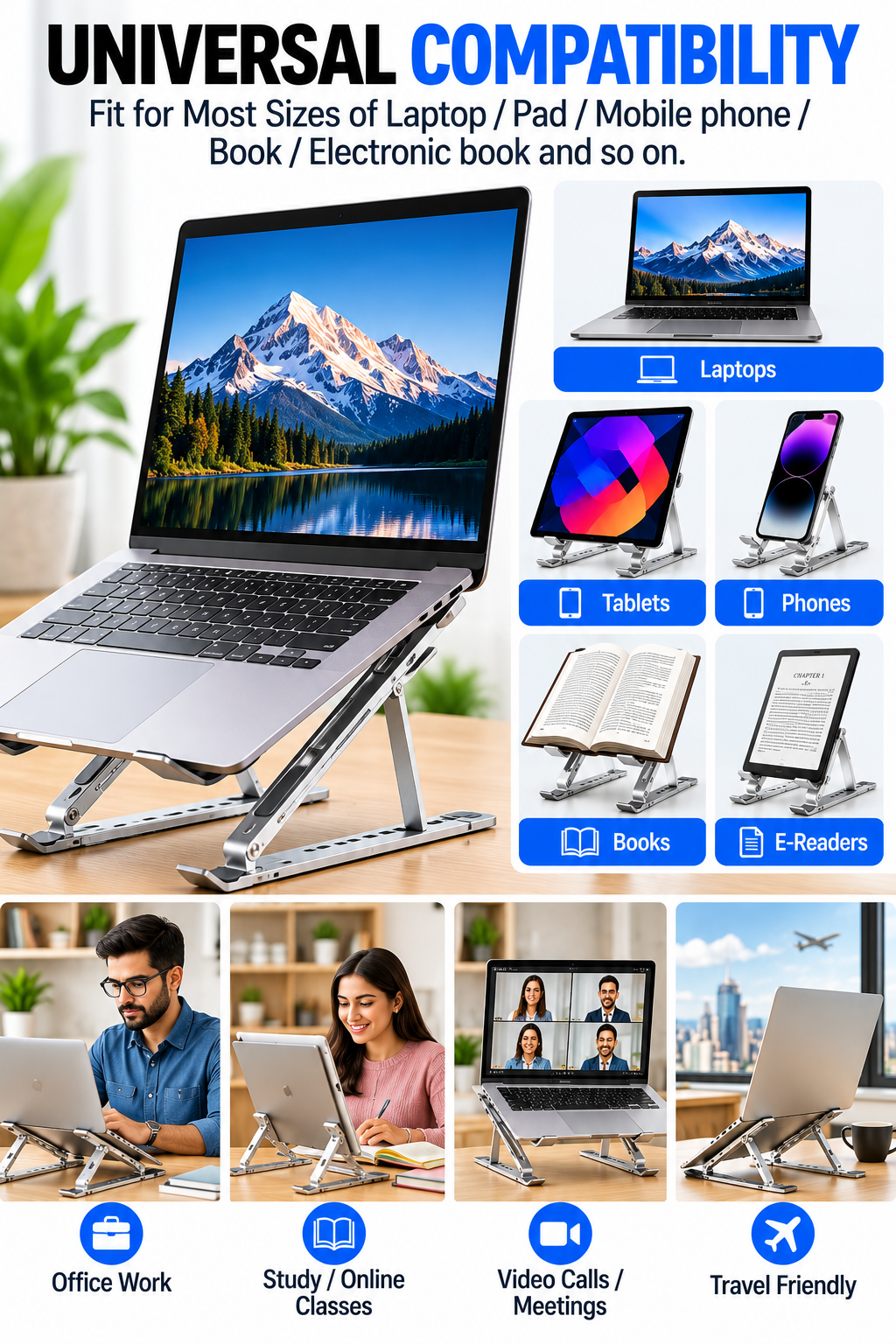 Adjustable Aluminum Laptop Stand – Foldable Computer & Tablet Holder