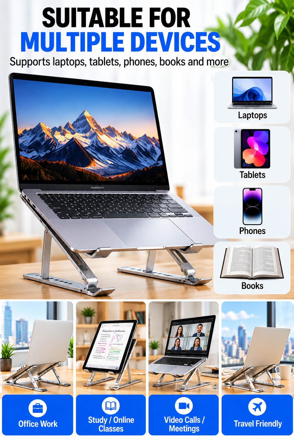 Adjustable Aluminum Laptop Stand – Foldable Computer & Tablet Holder