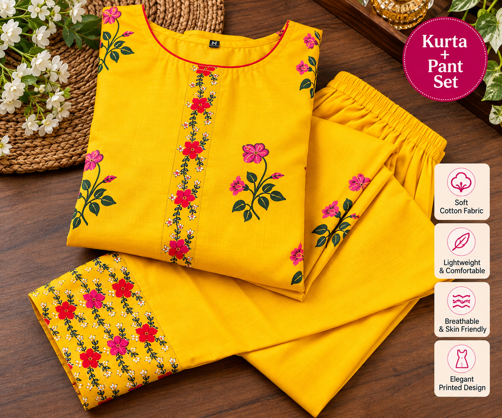 Women's Yellow Printed Cotton Kurta Pant Set | XS–5XL