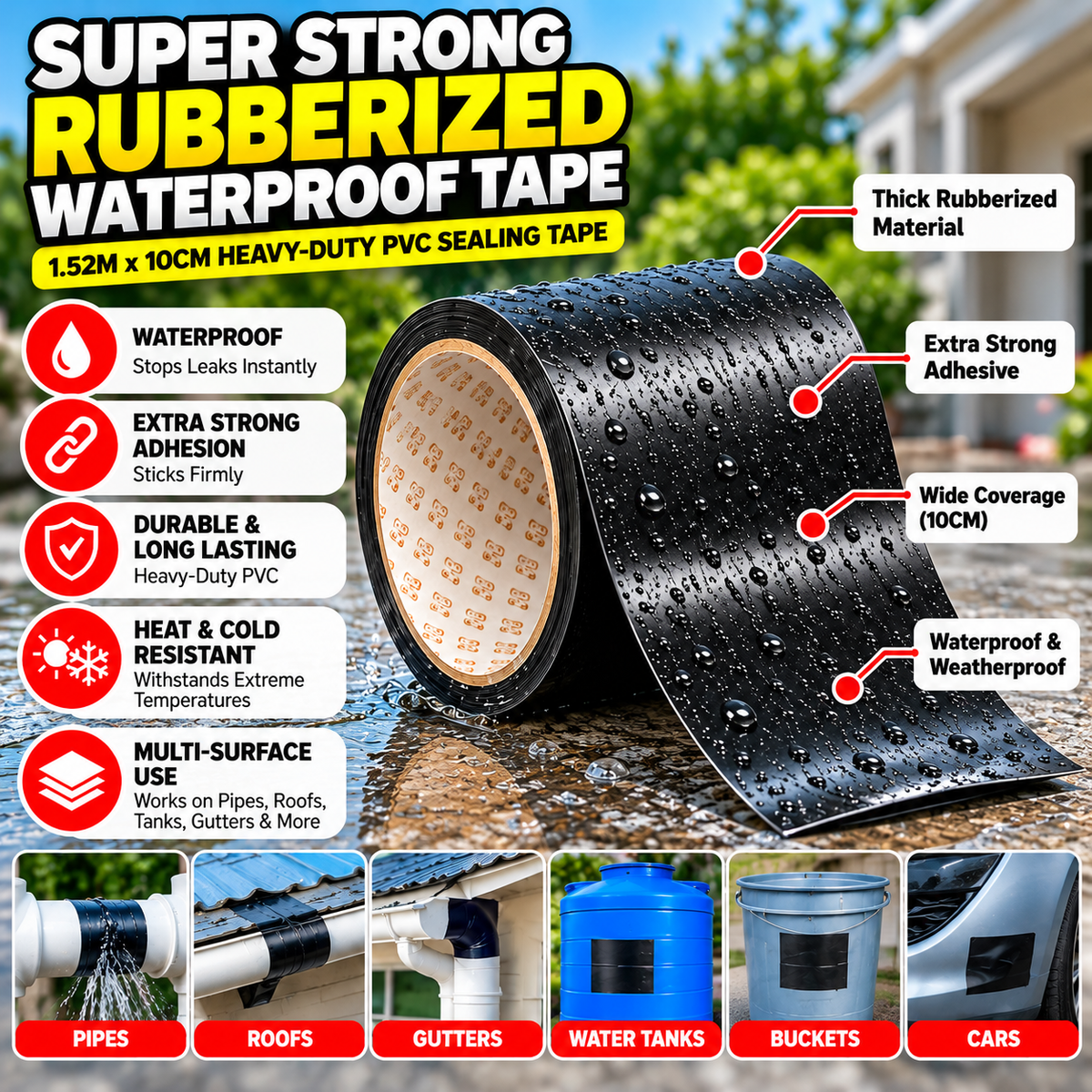 Waterproof Repair Tape – 1.52M x 10CM Heavy-Duty PVC Sealing Tape