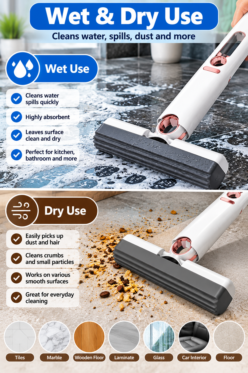 Mini Self-Squeeze Sponge Mop with 2 Sponge Heads – Kitchen, Glass & Car Cleaning