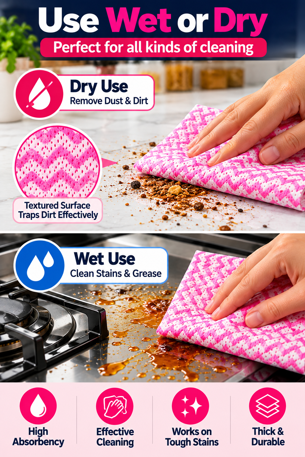 Multipurpose Disposable Kitchen Cleaning Cloth Roll – Absorbent Surface Wipes | 1 Roll