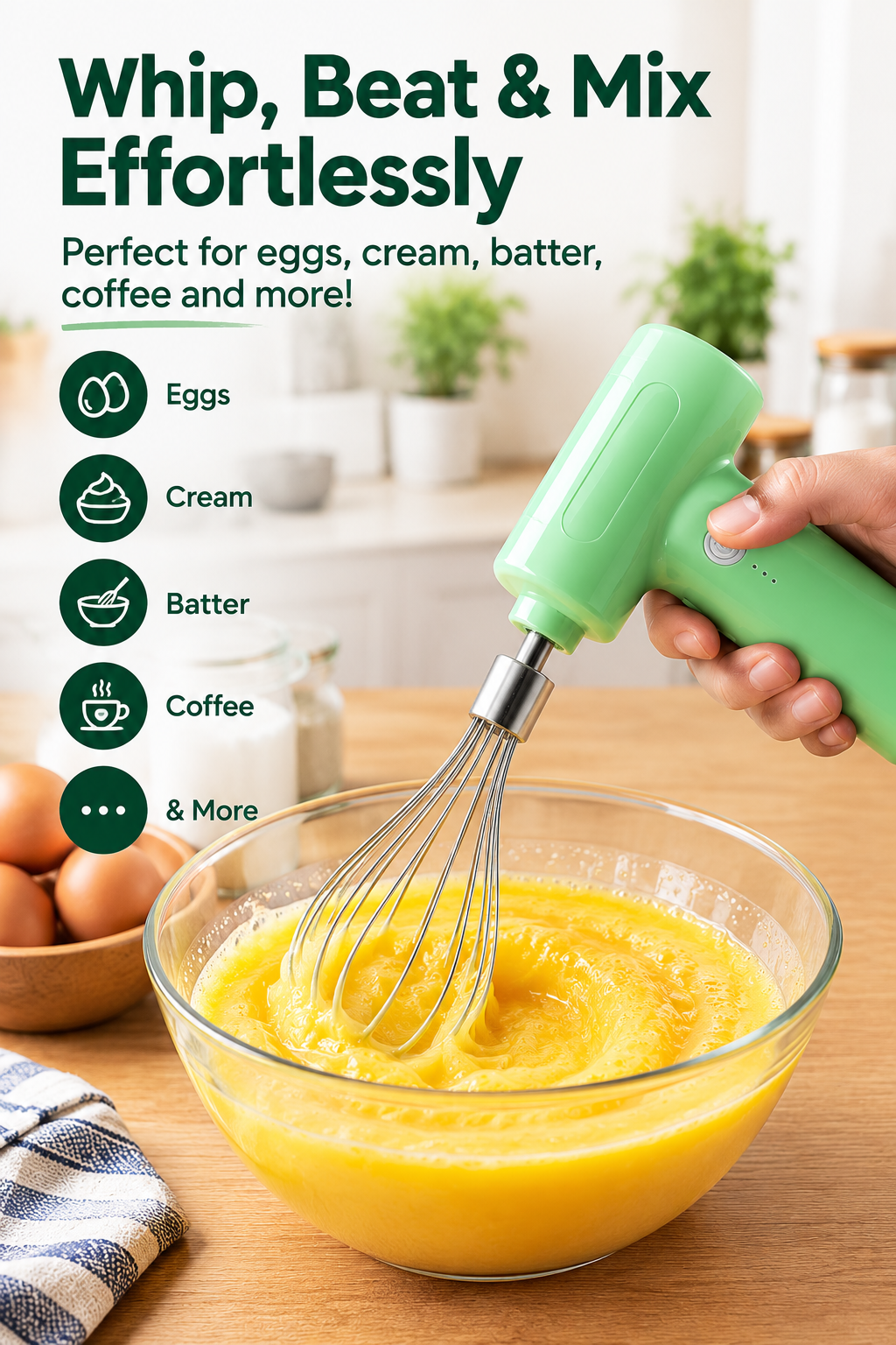 Cordless Electric Whisk & Egg Beater – Rechargeable Hand Mixer