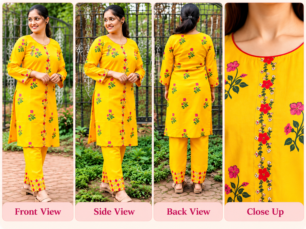 Women's Yellow Printed Cotton Kurta Pant Set | XS–5XL