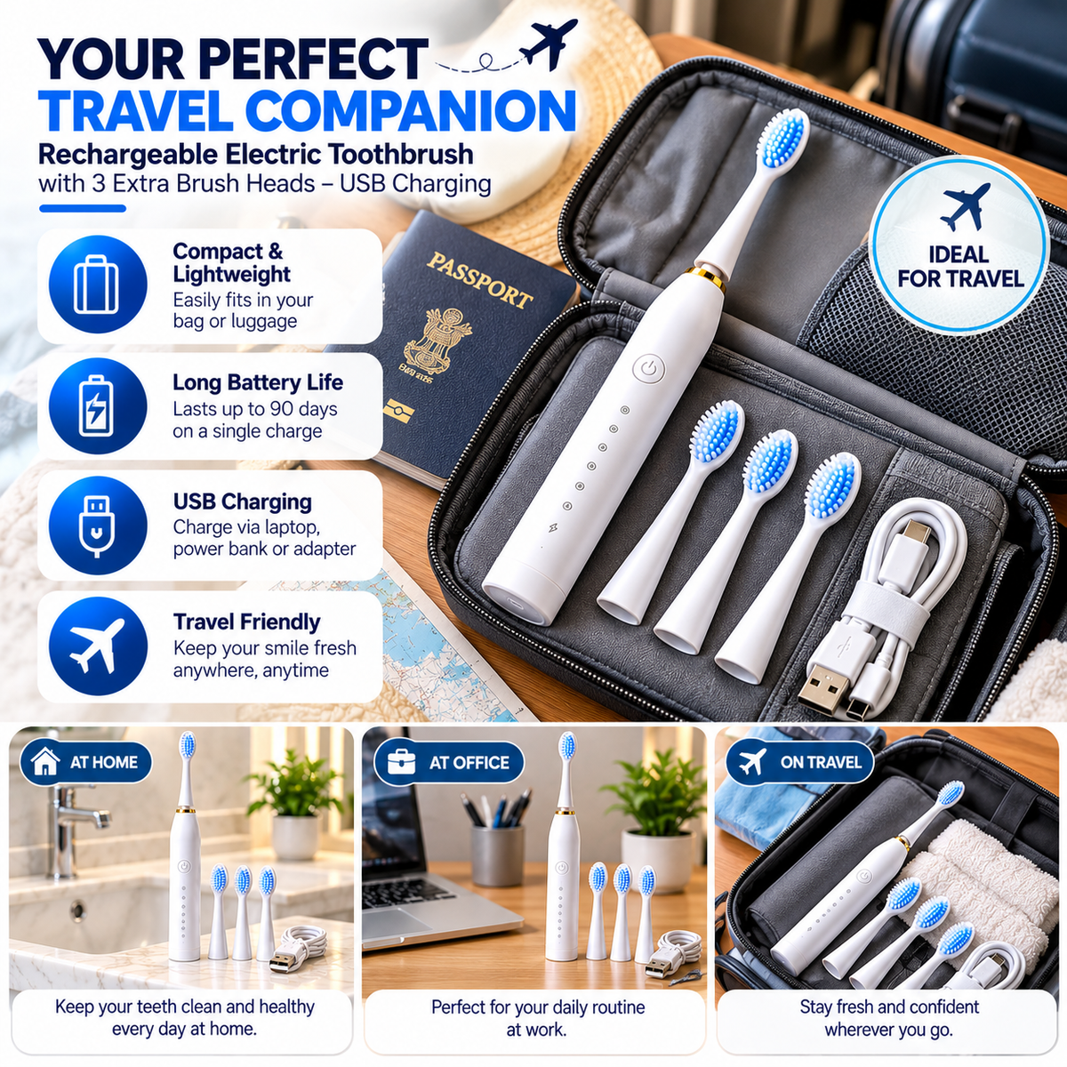 Rechargeable Electric Toothbrush with 3 Extra Brush Heads – USB Charging